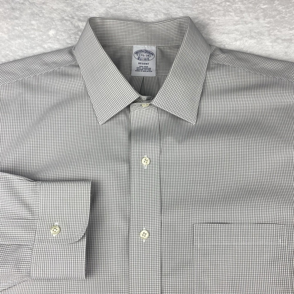 Brooks Brothers Dress Shirt Mens 17.5-34 Gray Micro-Check Regent No Iron